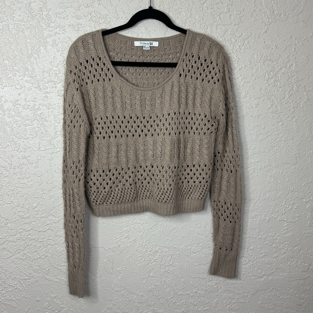 Forever 21 Women's Cropped Sweater Size SP Oversized Slouchy Tan Open Cable Knit